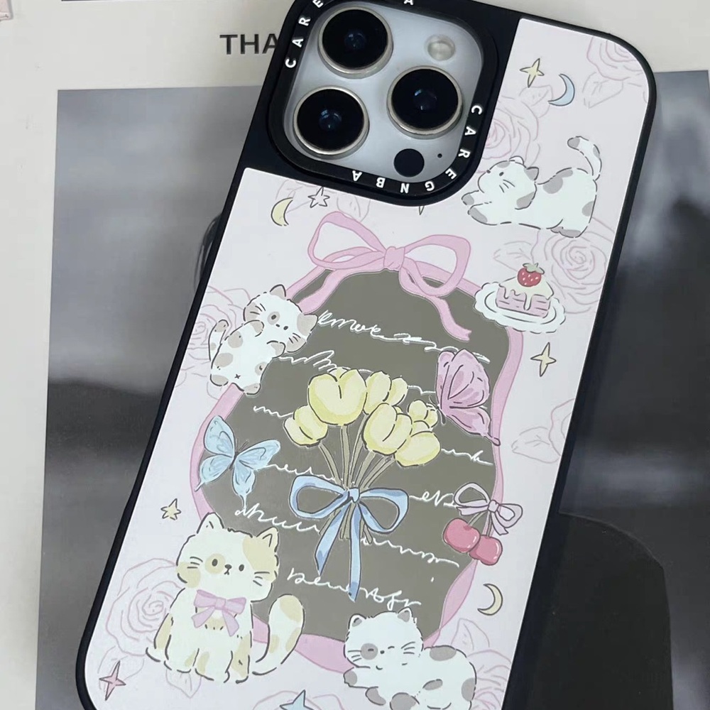 Pastel Cat & Tulip Decorative Phone Case - Pink